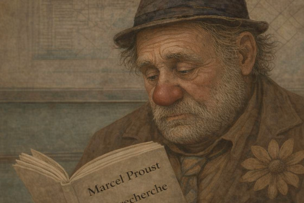 Man reading Proust, painted style